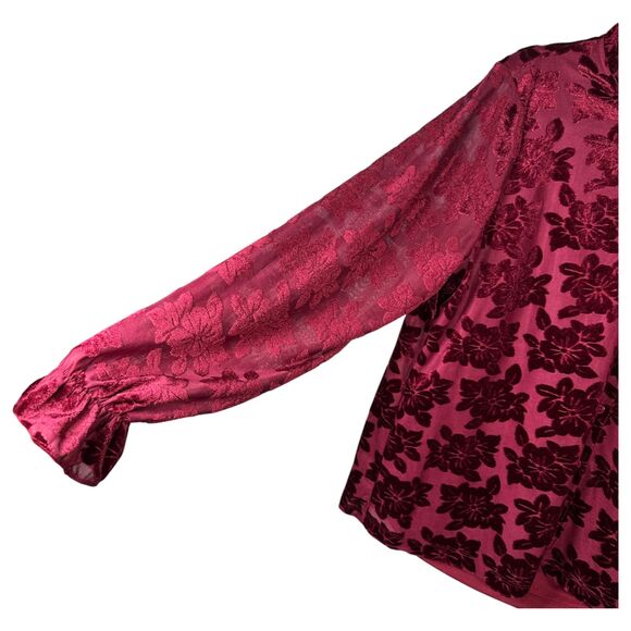 Marc New York Andrew Marc Burgundy Burnout Velvet Floral Button Blouse Large - Picture 4 of 6